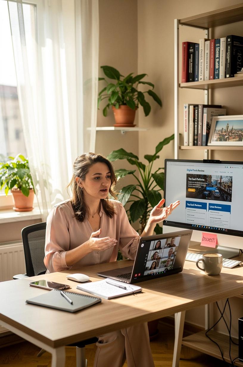 Imaginează-ți o persoană care lucrează eficient la calculator, folosind aplicații digitale pentru a-și organiza timpul și sarcinile zilnice.